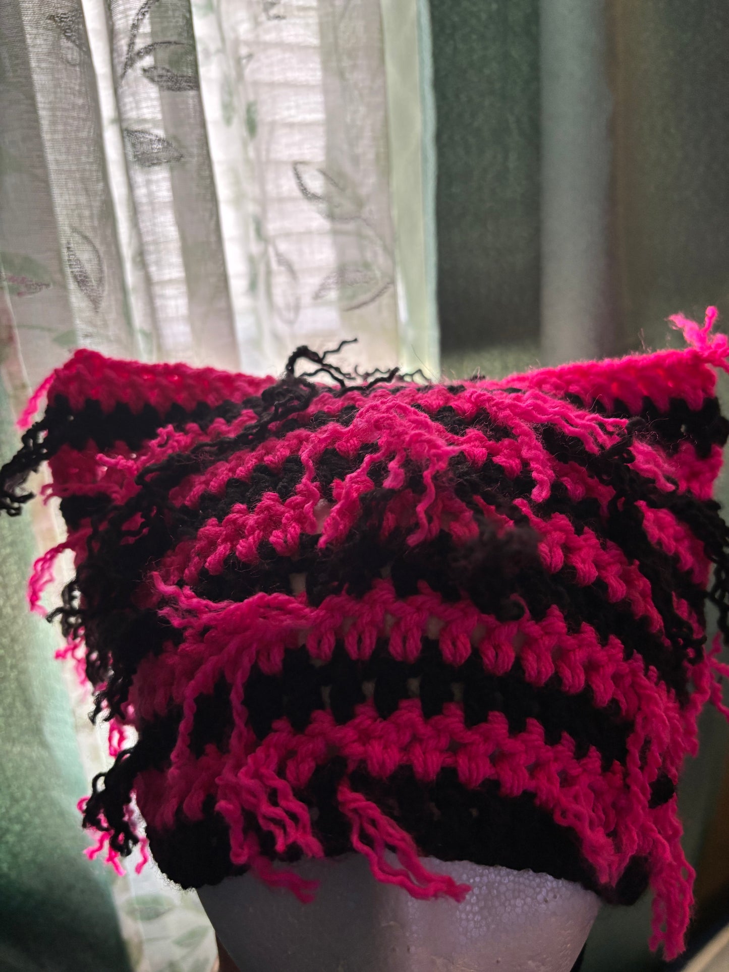 Pink & black distressed cat ear beanie
