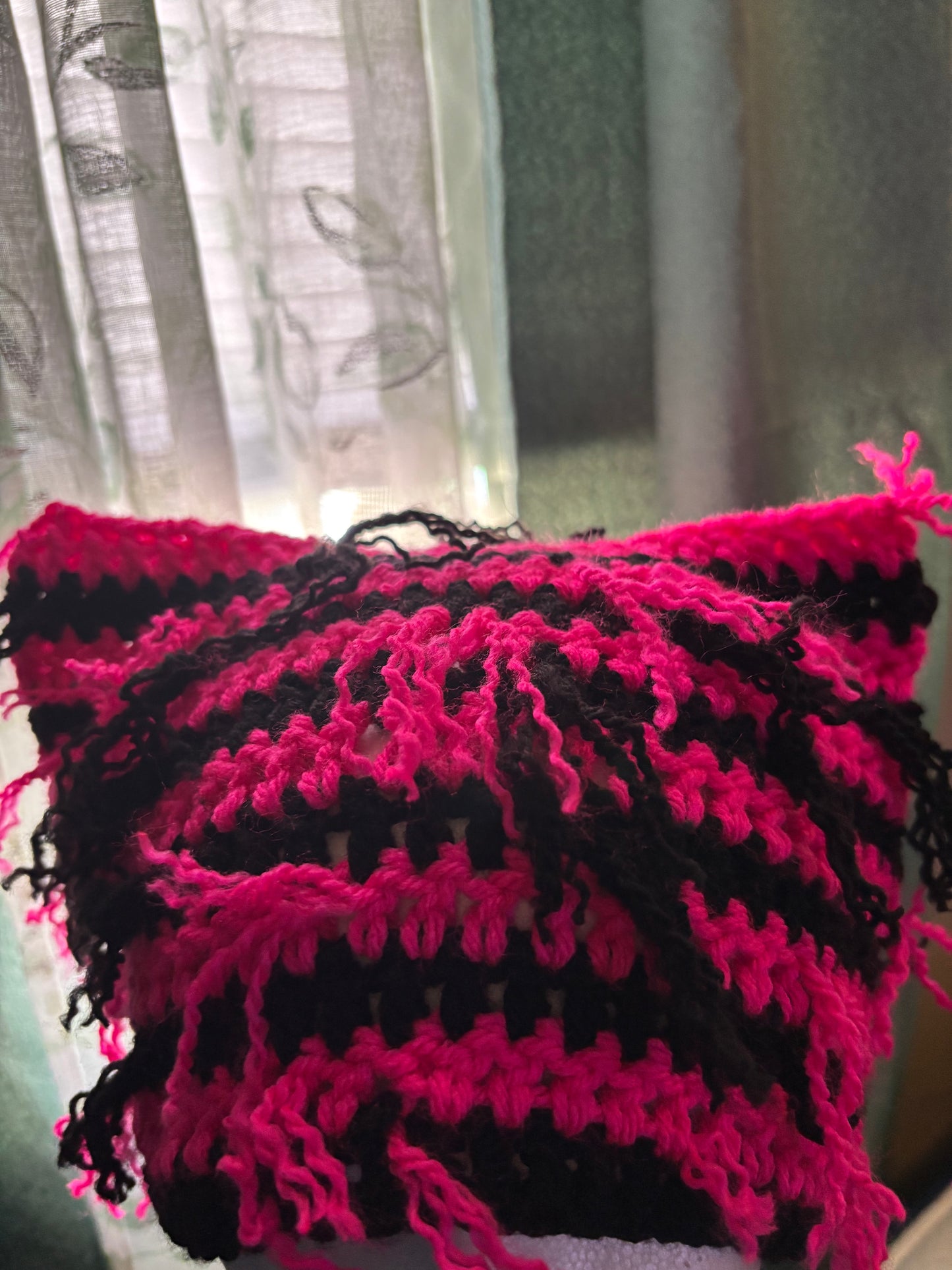 Pink & black distressed cat ear beanie