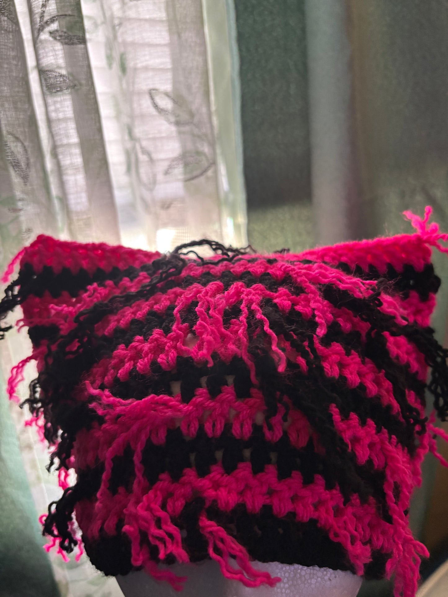 Pink & black distressed cat ear beanie