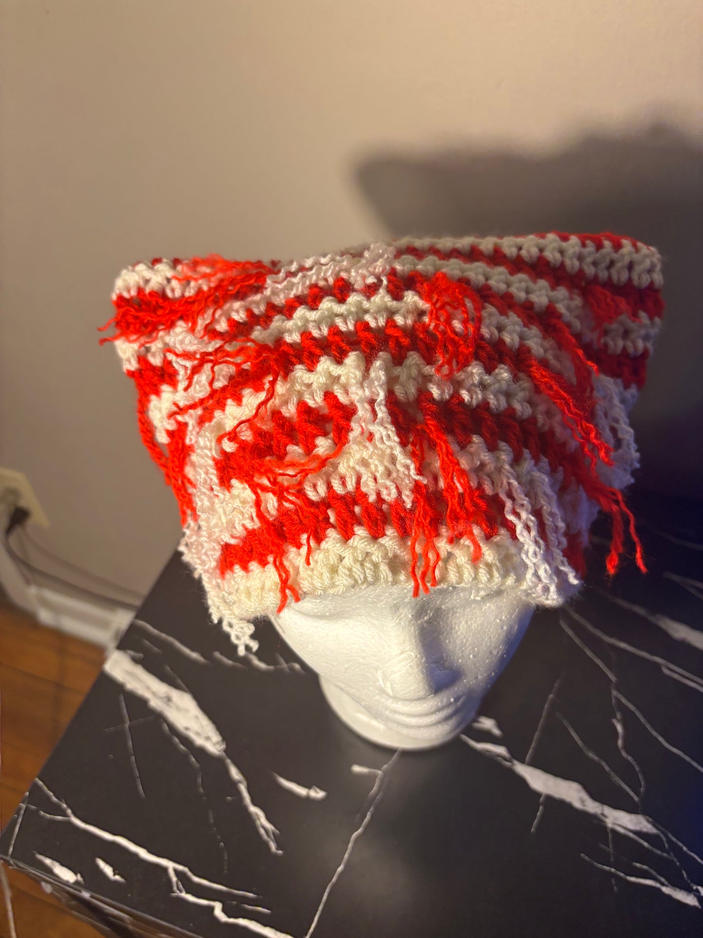 Red & ivory distressed cat ear beanie