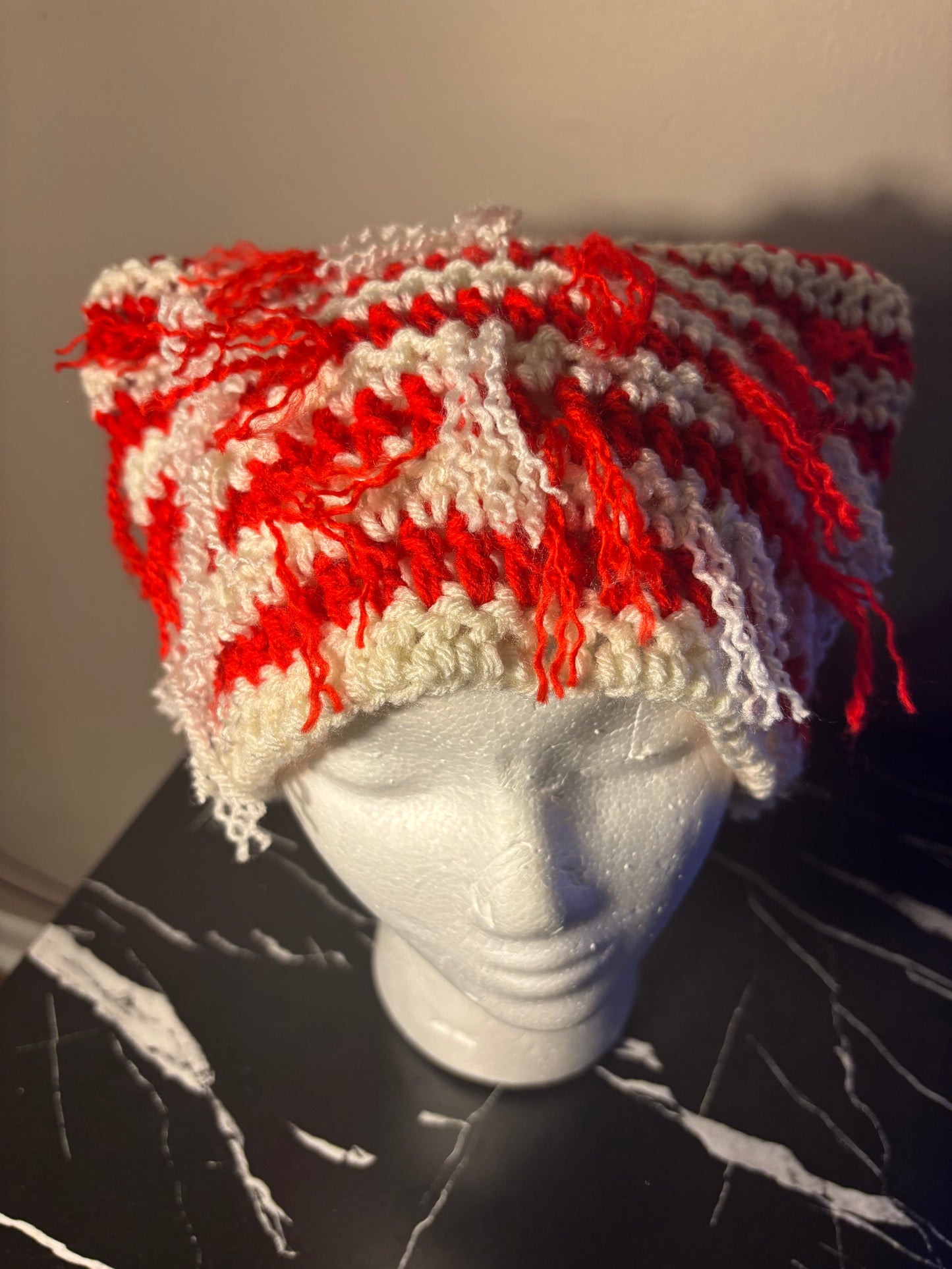 Red & ivory distressed cat ear beanie