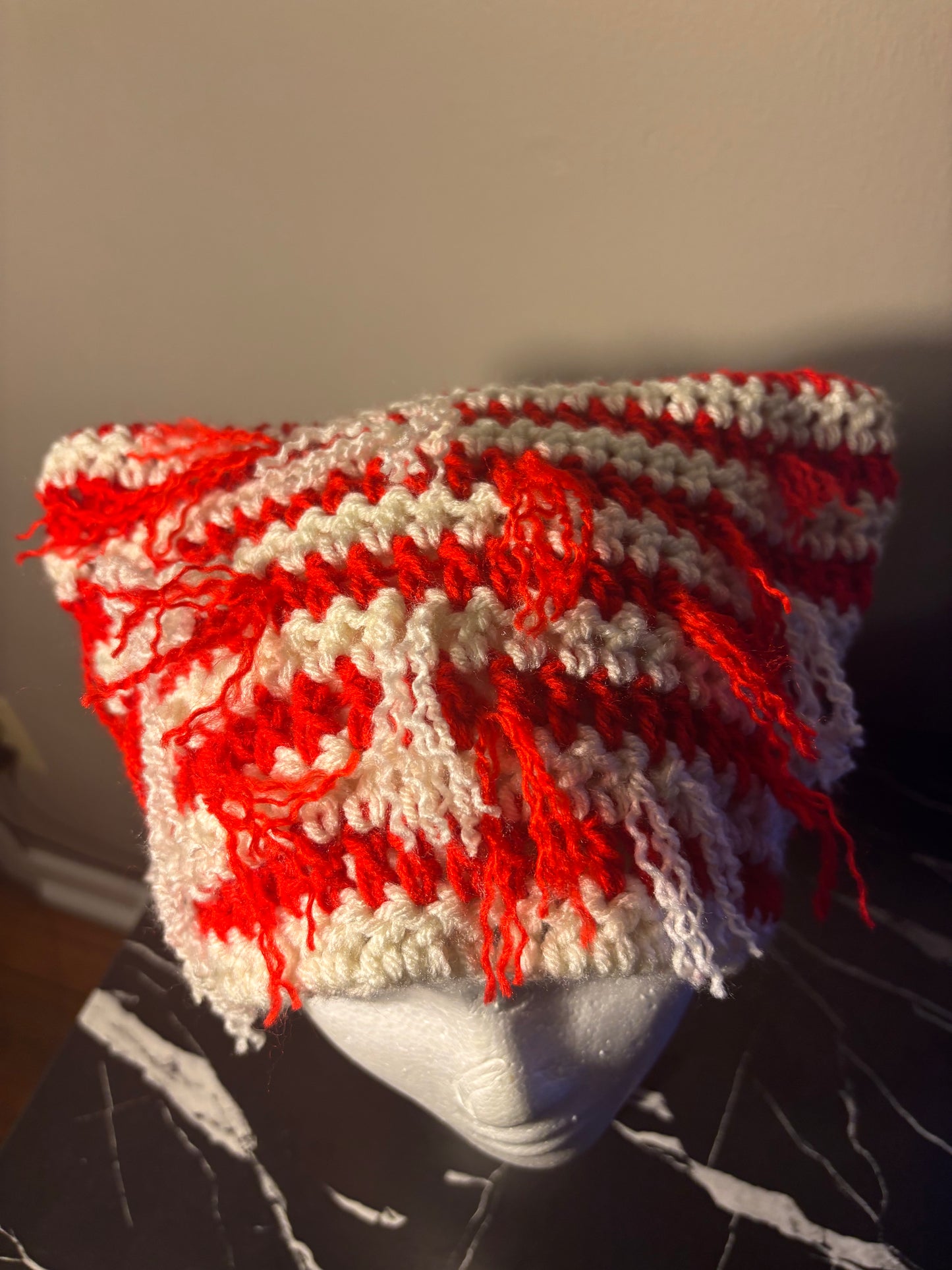 Red & ivory distressed cat ear beanie