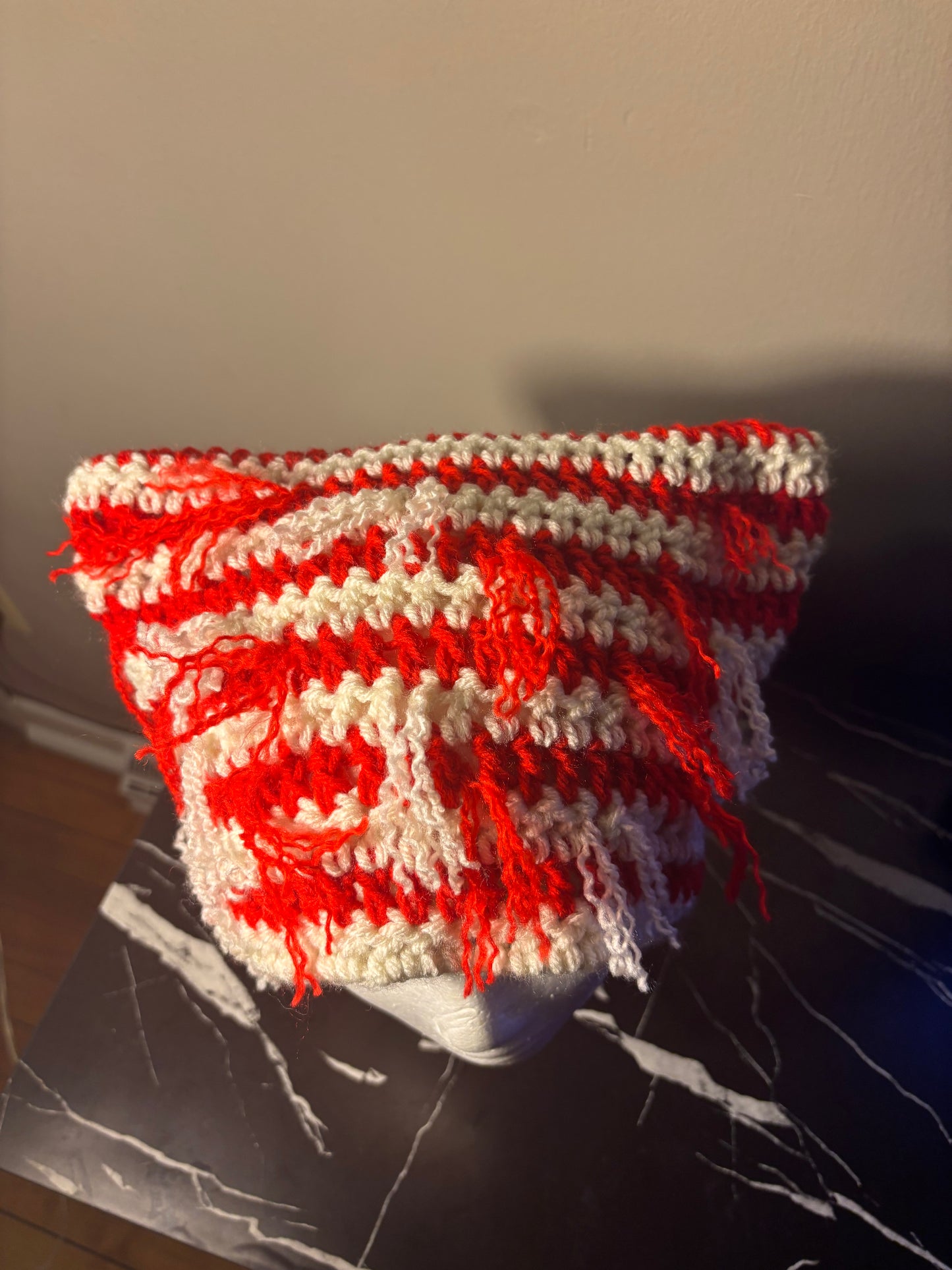 Red & ivory distressed cat ear beanie